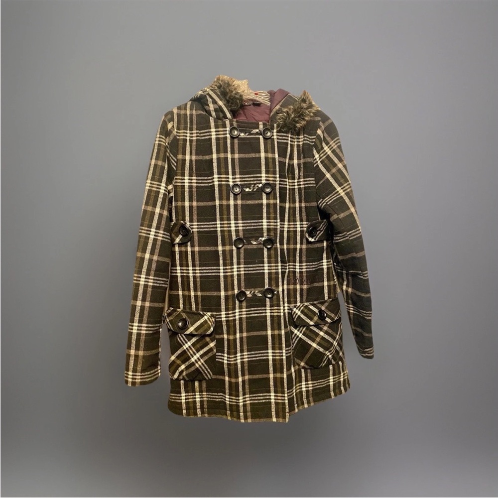 Volcom womens Plaid Pea Coat Hoodie with Faux Fur